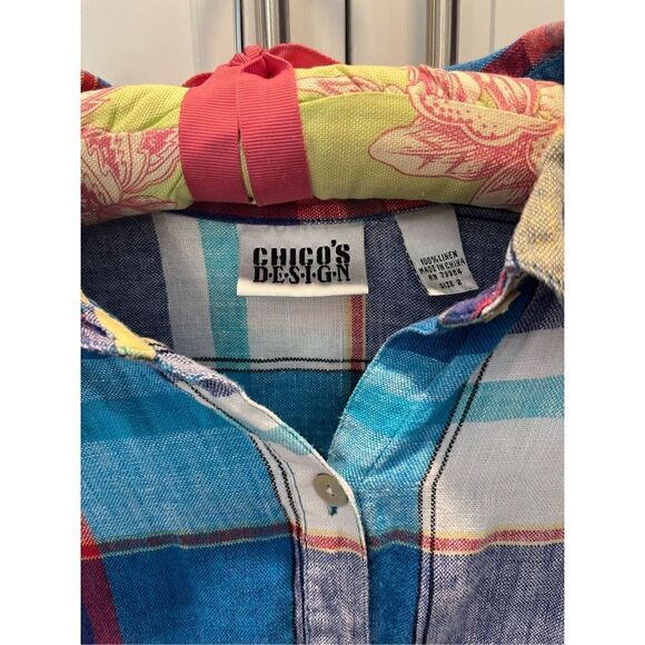 Chico’s Design Women’s Plaid Linen Button Down Shirt Sz 12 (Chico Sz 2) Blue - Picture 2 of 9